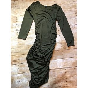 Stretchy rouched olive green midi dress
